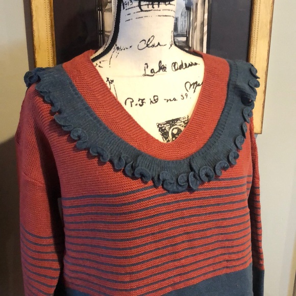Entro Teal & Rust Striped Ruffle Sweater - Picture 6 of 9